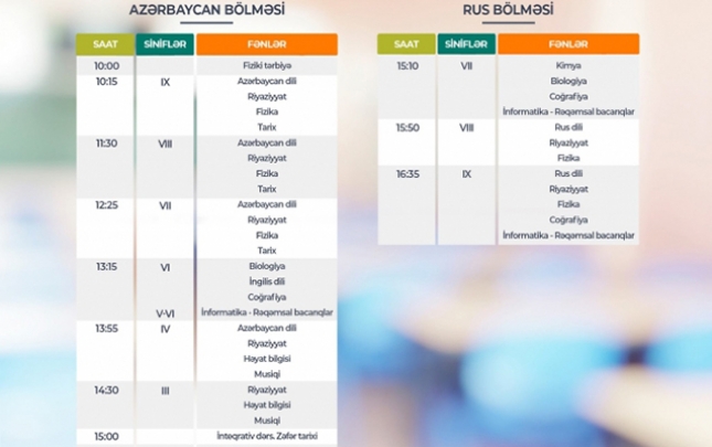 Teledərslərin oktyabrın 15-nə olan cədvəli