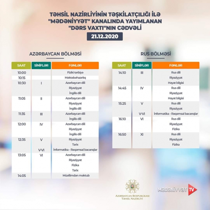 "Dərs vaxtı"nın bu günə olan cədvəli - 