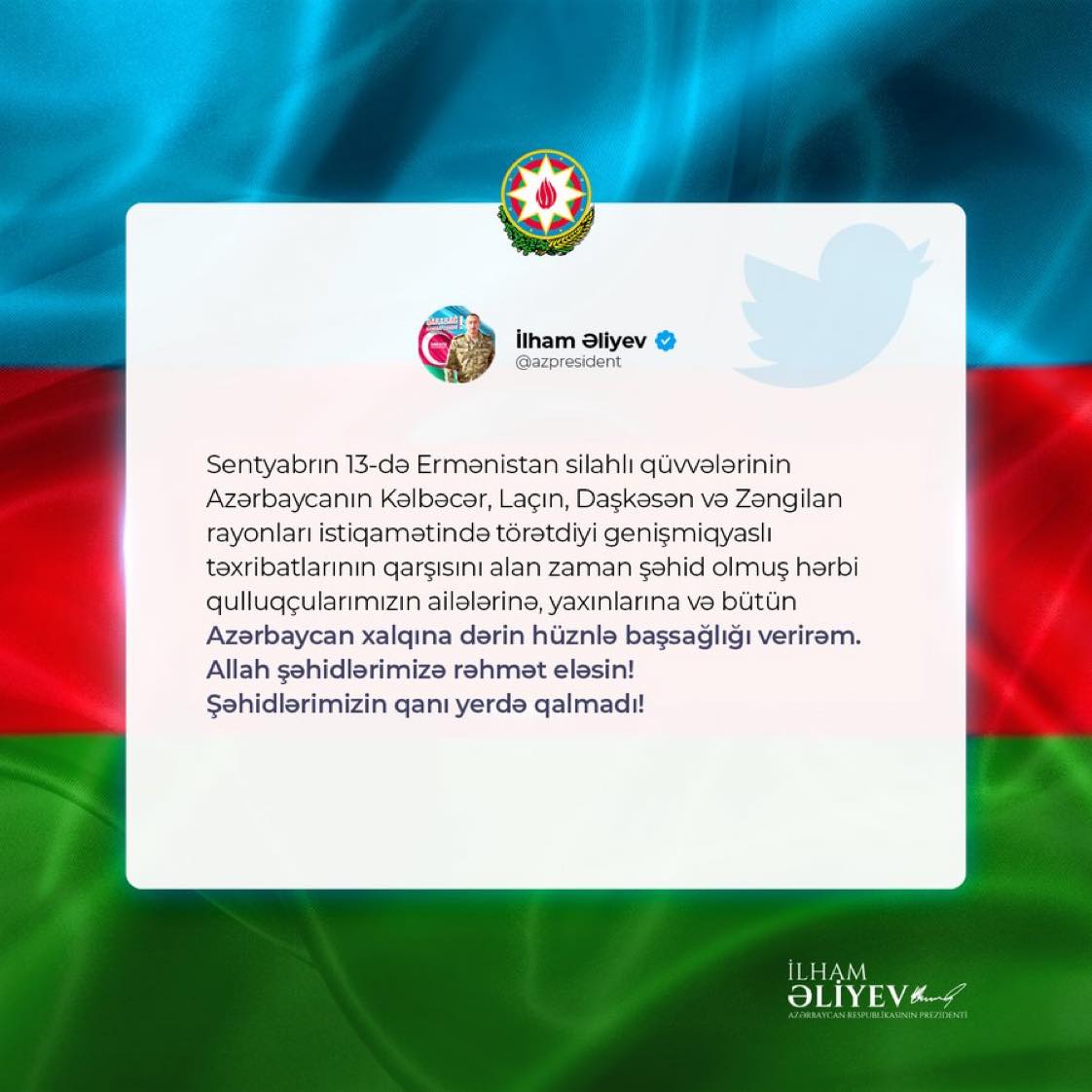 Azərbaycan Prezidenti: "Şəhidlərimizin qanı yerdə qalmadı"