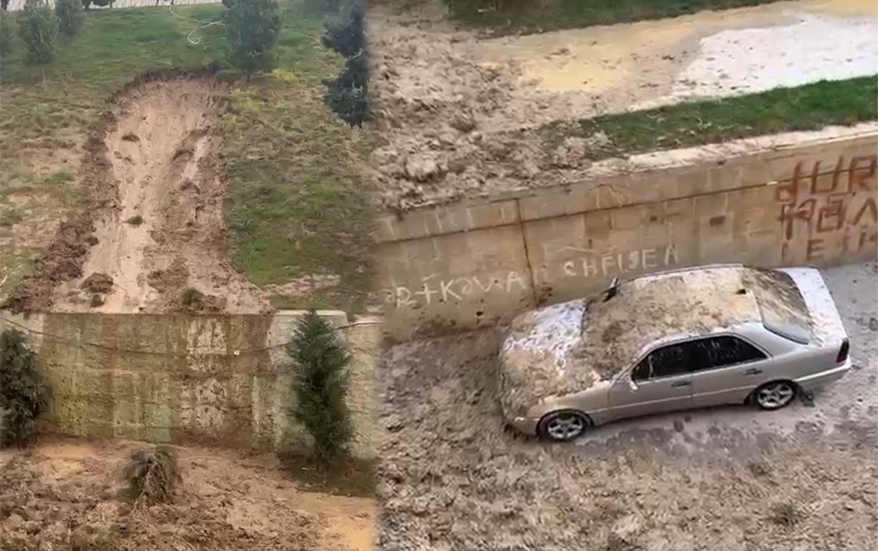 Bakıda poliklinikanın həyətində torpaq sürüşməsi - Video